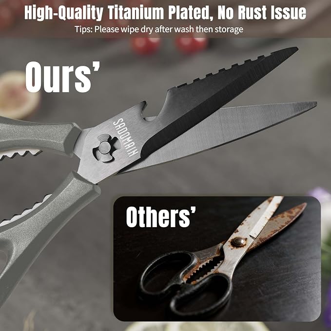 Kitchen Scissors All Purpose, Extra Sharp Kitchen Shears with Knife Sharpener & Sheath, Solid & Durable Stainless Steel Scissors with ANTI-RUST Black Titanium Plated, Dishwasher Safe – Grey
