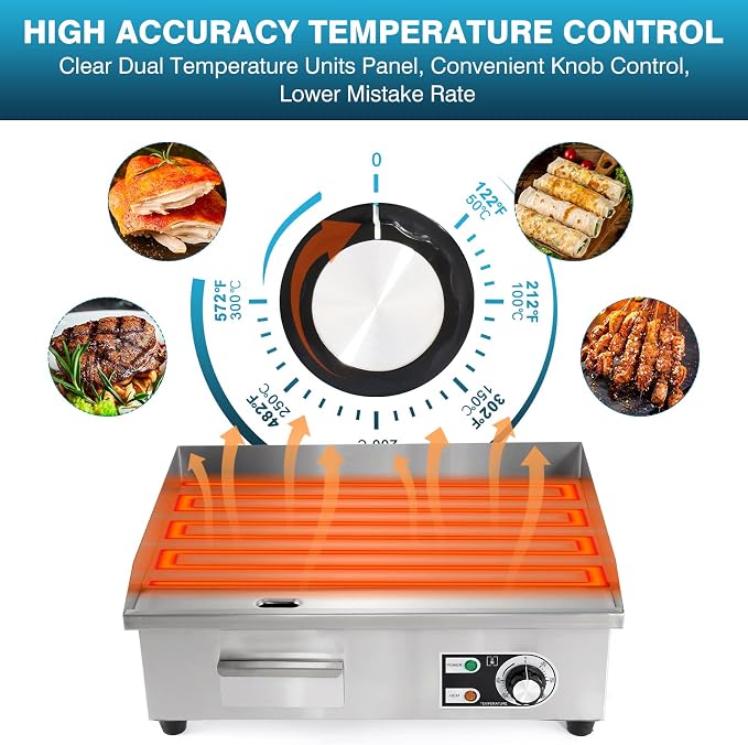 IRONWALLS Commercial Electric Griddle 22”, 3000W Electric Flat Top Griddle Grill Indoor, 122~572℉ Adjustable Temperature Control, Non-stick Stainless Steel Grill for Restaurant, Fits for 20-Amp Outlet | 122~572℉ Adjustable Temperature Control, Non-stic...