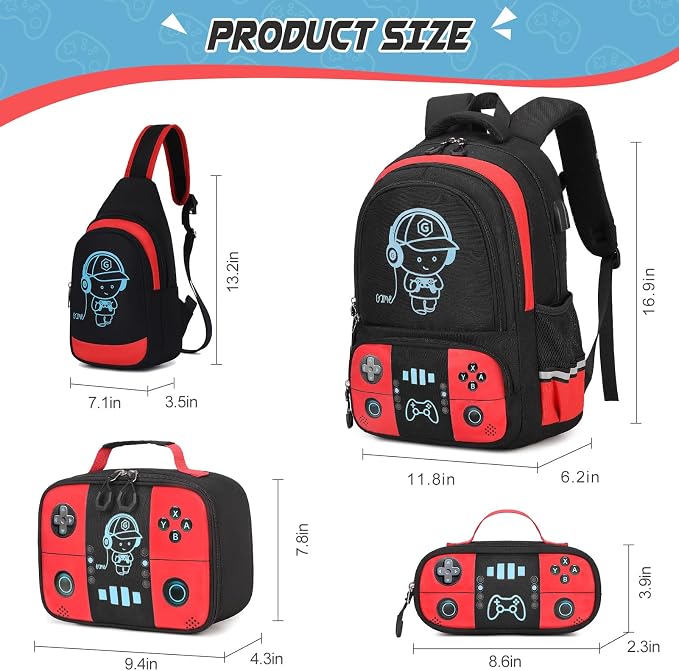 Backpack for School Boys, Cool Luminous Gamer Boys Schoolbag | with Lunch Box & Pencil Case Set for Kids Teens Elementary Middle School, Bookbag Glow In The Dark