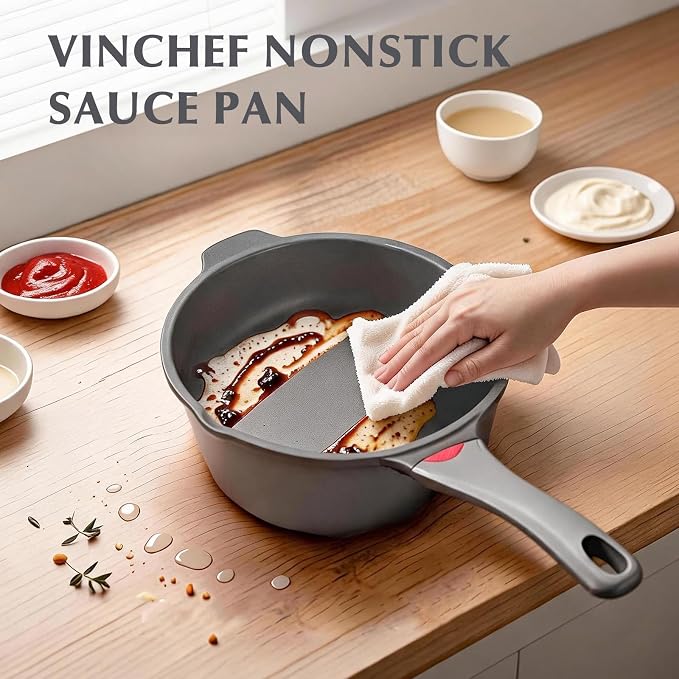 VINCHEF 4 Quart Nonstick Stockpot, Titanium Coated Saucepan with Lid, Scratch-Resistant Grey Pot, Stay Cool Handle, Induction Ready Deep Cooking Pot, PFAS & PFOA Free, Dishwasher Safe