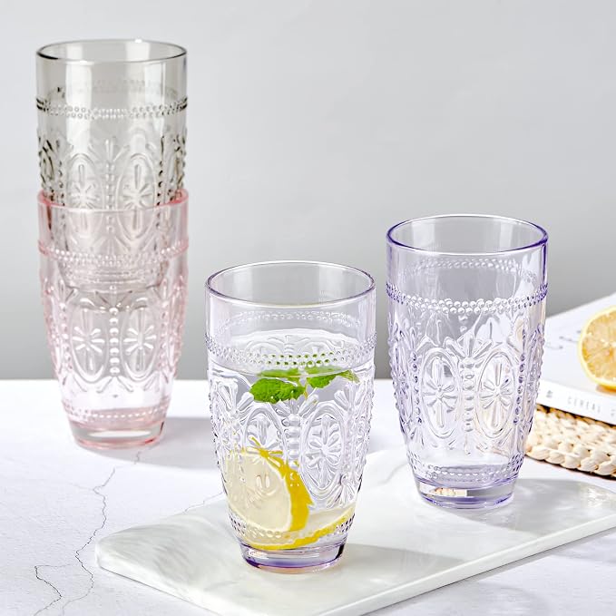 Colored Vintage Drinking Glasses Set of 4, 15.5 oz Romantic Embossed Water Glasses, Colored Tumblers Tempered Glass for Juice, Beverages, Beer, Cocktail (Gray)