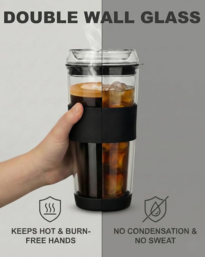 14oz Double Walled Glass Coffee Tumbler with Full Glass Lid | Silicone Sleeve, Non-Slip Insulated Travel Mug, Protective Bottom Bumper, 100% Plastic-Free