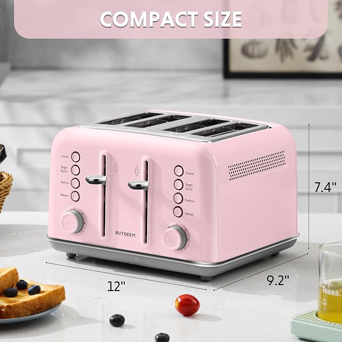 BUYDEEM DT640 4-Slice Toaster, 7 Shade Settings, Extra Wide 1.5’’ Slots for Bagel & English Muffin, 6 Toasting Functions, Retro Stainless Steel Toaster with High Lift Lever, 1800W, Pink