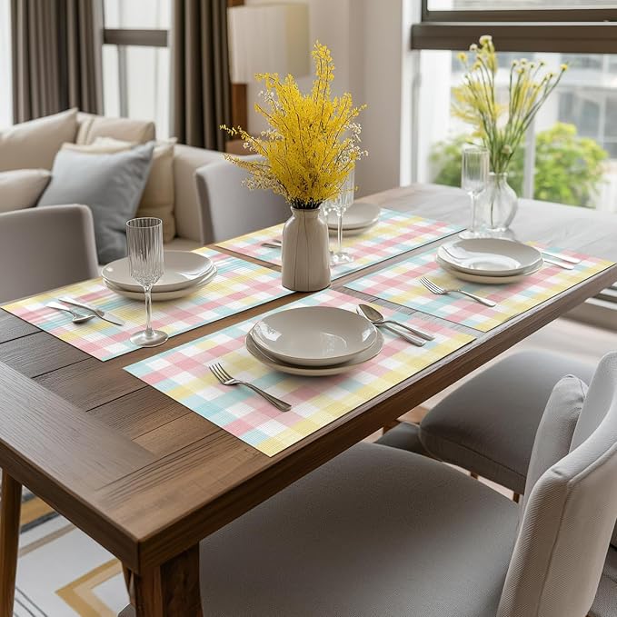 Artoid Mode Buffalo Plaid Vinyl Easter Placemats Set of 4, 12x18 Inch Washable Non-Slip Heat Resistant Plastic Place Mats for Party Dining Table, Pink/Blue