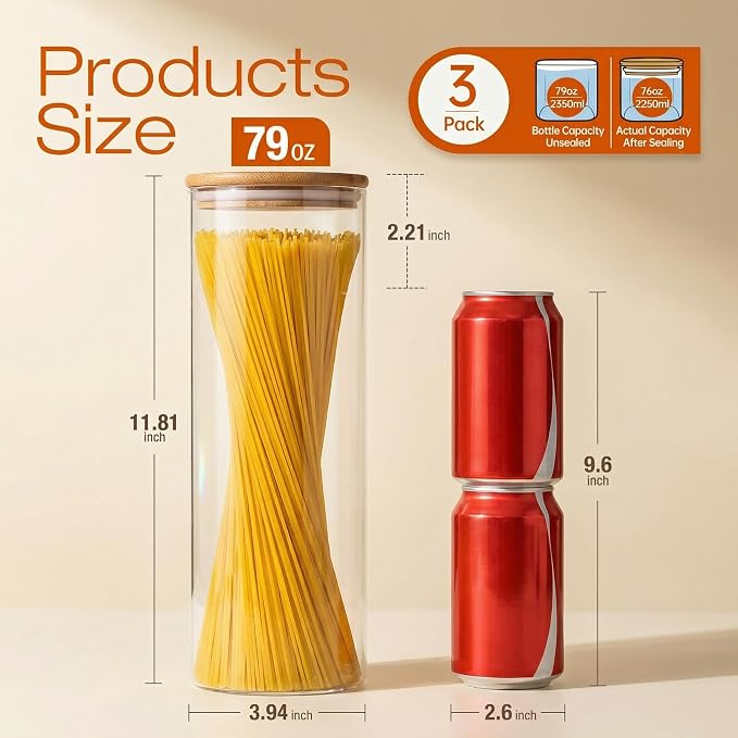 79oz Tall Glass Pasta Storage Containers with Airtight Bamboo Lids, 3 Pack | Pantry Jars for Pasta, Rice, Sugar & Flour, Durable Borosilicate Glass Canisters Keep Food Dry & Fresh, Easy to Fill & Clean