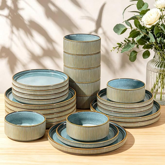 GBHOME Stoneware Dinnerware Sets for 8, 24-Piece Plates and Bowls Set | Handmade Reactive Glaze Ceramic Dish Set, Scratch Resistant, Dishwasher&Microwave Safe,Space Blue
