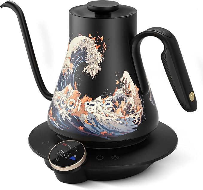Cocinare Artisan Collection Gooseneck Electric Kettle, ±0.5°F Temperature Control for Pour Over Coffee & Tea, 1500W Quick Heating, Stainless Steel Interior, 0.9L, Wave Design