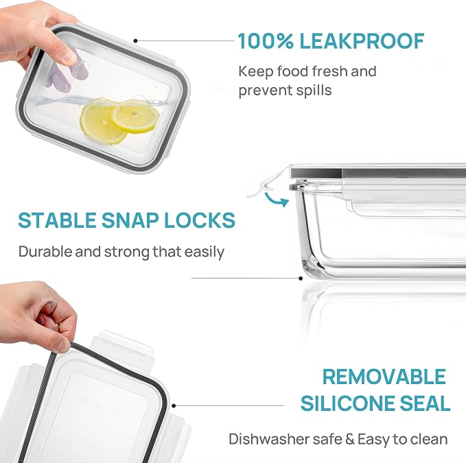 Vtopmart 5Pack 30oz Glass Meal Prep Container Sets with Lids, Grey | Glass Food Storage Containers, Snap Airtight Lid, For Microwave, Oven, Freezer and Dishwasher Safe, BPA Free