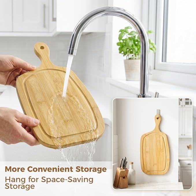 Bamboo Decorative Cutting Board with Handle Set of 2, for Meat | Wood Cutting Board with Handle, for Cheese, Bread, Vegetables, Serving Tray for Kitchen - with Juice Groove - 15.5" × 7.6"