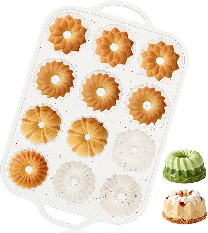 Vinino 3 Inch Mini Fluted Cake Pan, 1 Pack with Metal Frame | 4 Shapes 12 Cavity Mini Cake Mold for Flan, Jello, Pudding, Brownies & Desserts, Easy Release Silicone Design
