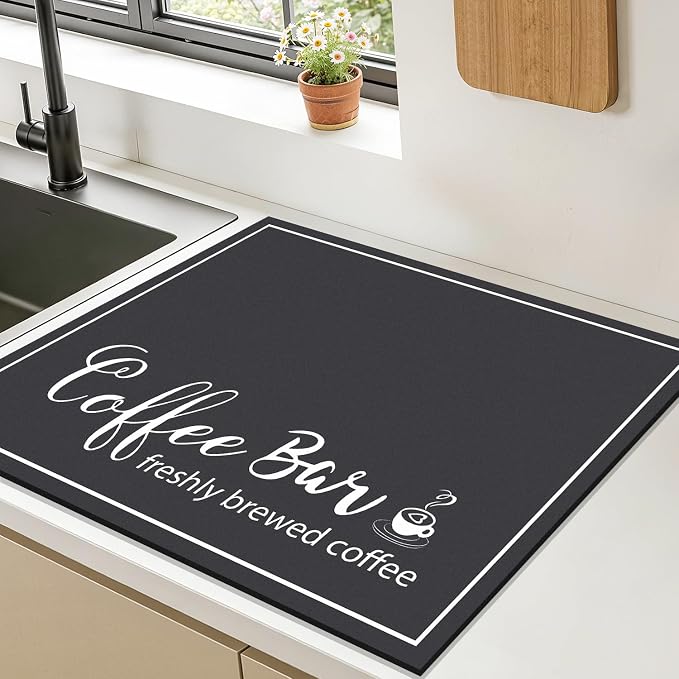 Findosom Dish Drying Mat, 16" x 20" Super Absorbent & Hide Stain Coffee Mat, Cuttable Drying Mat for Kitchen Counter, Coffee Bar Accessories, Under Dish Rack, Coffee Maker, Espresso Machine, Black