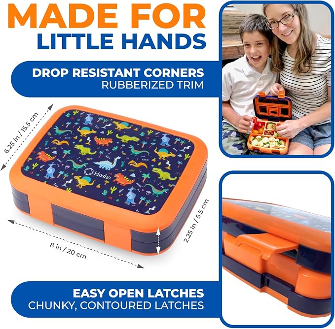 kinsho Dinosaur Bento Lunch Box Container for Small Kids Boys, Blue Orange | 5 Portion Sections, BPA-Free Spill-Proof Leakproof Removable Plastic Tray, Snacks and Lunches for Toddlers Pre-School Daycare