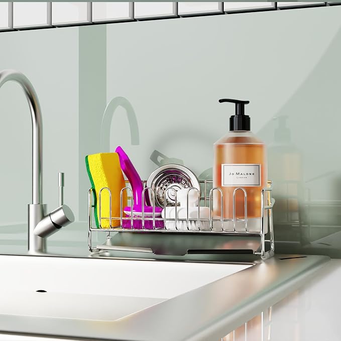 KABUM 304 Stainless Steel Sponge Holder for Kitchen Sink(8.27x2.95x3.43) | Compact Sink Caddy with 4 Non-Slip Silicone Pads, Easy to Clean Rustproof 304 Steel, Kitchen Essentials, No-Tools Design