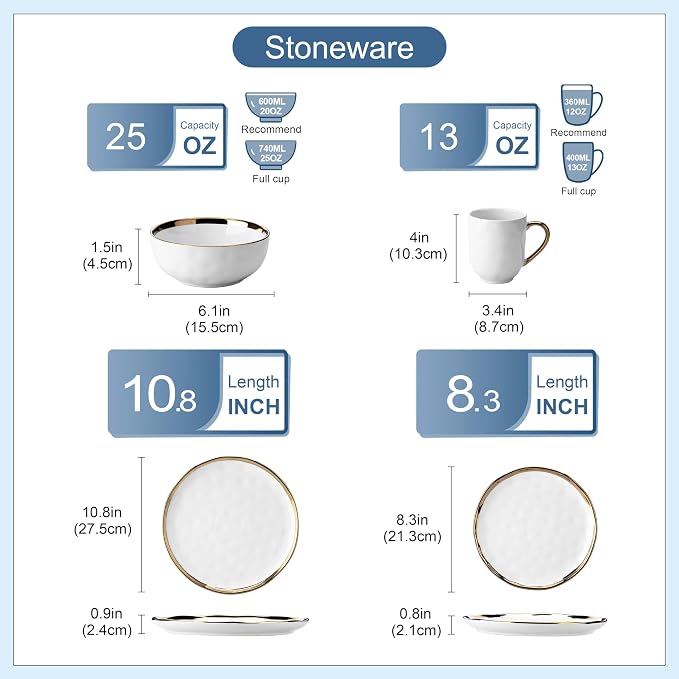 LOVECASA 16 Pieces Plates and Bowls Sets, Porcelain White and Gold Dinnerware Sets, Round Dinner Plates Dishes Set Service for 4, Dishwasher Safe and Scratch Resistant, White