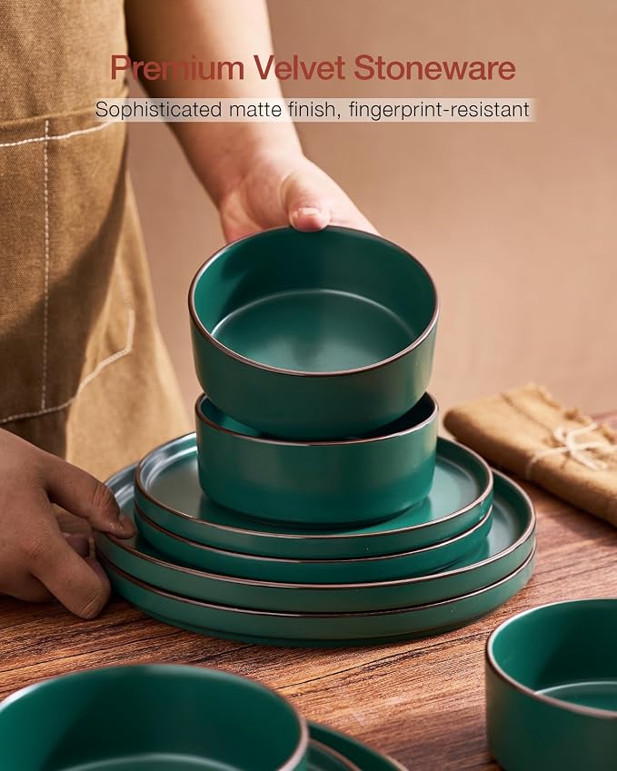 Famiware Nebula Ridge 18-Piece Stoneware Dinnerware Set, Dark Green | Plates and Bowls for 6, Warm Hand-Painted Rims, Microwave and Dishwasher Safe, Daily Essentials