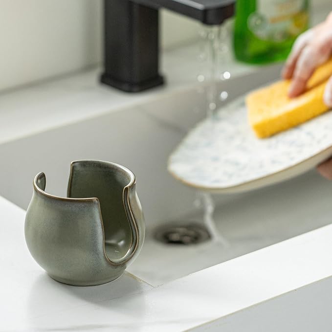 Zoeeker Sponge Holder for Kitchen Sink, Ceramic Dish Sponge Caddy Drying Rack Farmhouse Brush Holder Scrubby Organizer for Bathroom, Kitchen, Dark Green