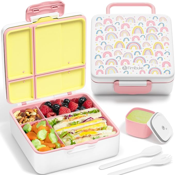 Fimibuke Bento Lunch Box for Kids, Toddler Bento Box with 4 Compartments | Leak Proof BPA Free Dishwasher Safe Lunch Container with Utensils, Ideal Portion Sizes for Ages 3-12 Girls Boys for School
