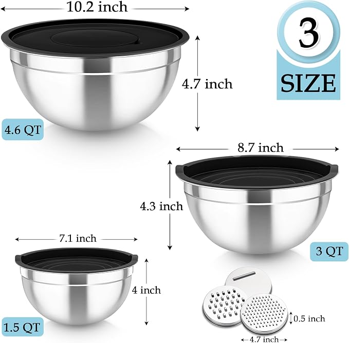 TeamFar Mixing Bowls, Stainless Steel Nesting Salad Bowls Set | Mixing Bowls with Lids & 3 Grater Attachments, For Mixing/Serving/Storing, Non-toxic & Long-lasting, 4.6/3/1.5 QT, Black
