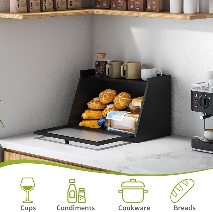 BMOSU Bread Box for Kitchen Countertop Large Capacity Corner Bread Box Farmhouse Bread Container Bread Storage Bread Holder (Black, Large)