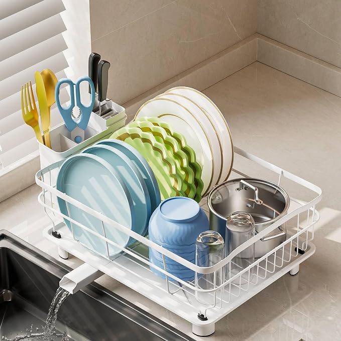 AIDERLY Auto Drain Metal Dish Drying Rack Dish Drainers, All White | with Draining Tray, Strainer, for Kitchen Counter, Sink