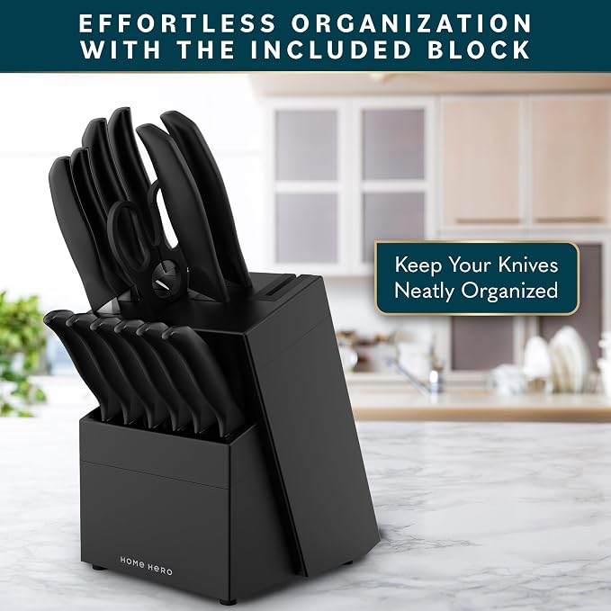 Home Hero 15-Piece Kitchen Knife Set - Knife Block Set | Black Stainless Steel Knife Set with Wooden Block - Built-In Sharpener, Ergonomic Handles & Nonstick Coating (15-Piece)