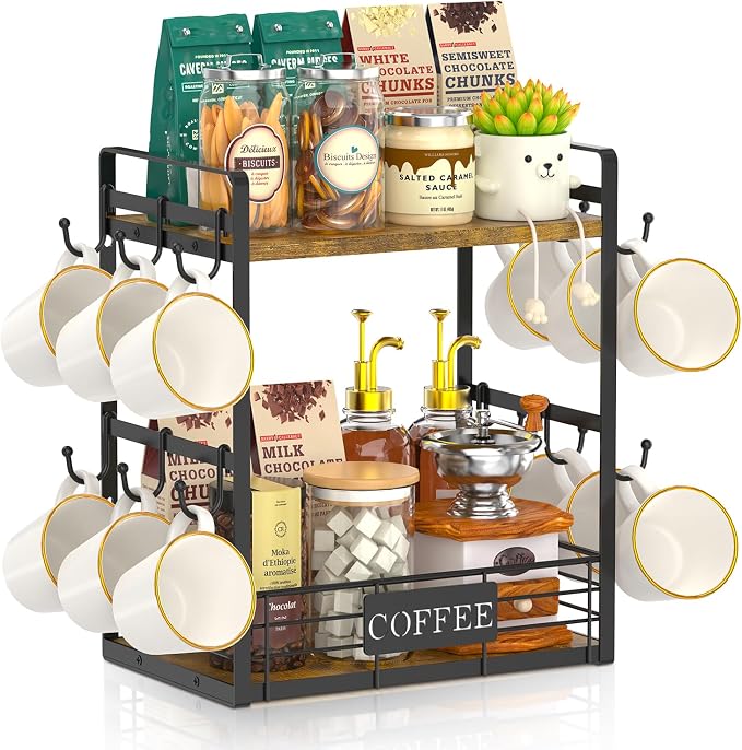 EsLuker.ly Coffee Mug Cup Holder Tree Bar Station Organizer, 2 Tier | Mug Stand Rack for Countertop Kitchen, Storage Tower Display Shelf with 12 Hooks, Coffee Nook Enhancer