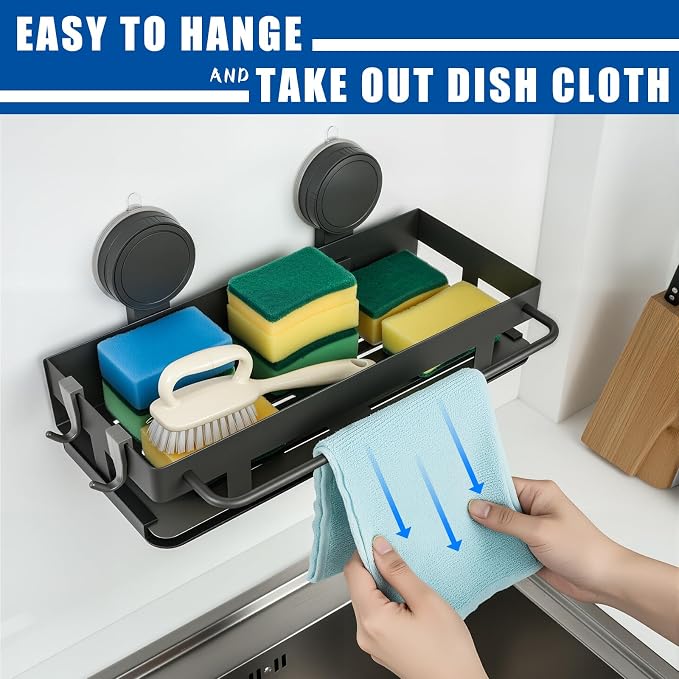 Sponge Holder for Kitchen Sink, Suction Cup Sink Caddy with Tray | Designed for smooth kitchen sink surfaces to organize sponges, brushes, soap and towels while opening up counter space