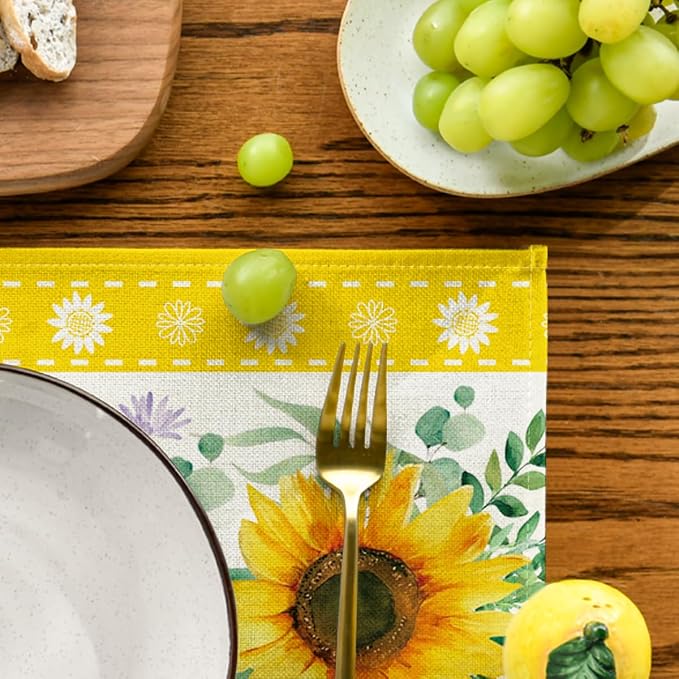 Artoid Mode Sunflowers Leaves Flower Summer Placemats Set of 4, 12x18 Inch Seasonal Holiday Table Mats for Party Kitchen Dining Decoration