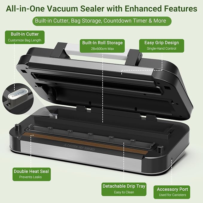 95kPa Vacuum Sealer Machine, Dual Pump, Vacuum & Inflate, Double Heat Seal | 10-in-1 Food Vacuum Sealer with Easy-Lock Handle, Built-In Cutter, Bag Storage, Hose & 2 Bag Rolls, Stainless Steel Design