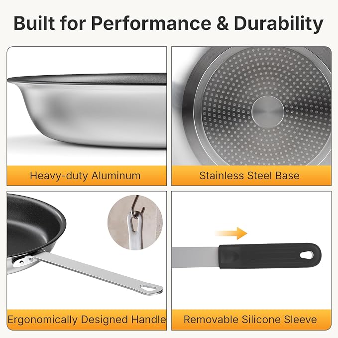 NEWBULIG Nonstick Frying Pan, 14" Heavy-Gauge Aluminum Skillet with Ceramic Nonstick Coating & Stainless Steel Base for Induction, Electric, Gas, Oven Safe, Black Hanging Handle | Aluminum body even heating, steel handle silicone grip, oven safe 392°F ...