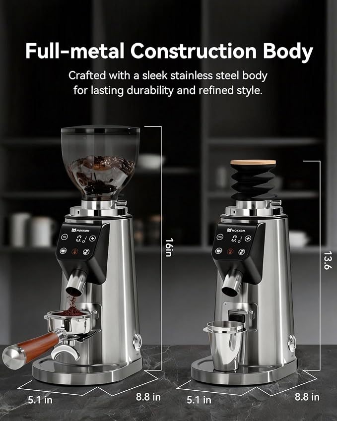 MOKKOM Professional 64mm Plated Flat Burr Coffee Grinder with 100 Grind Settings, All-Metal Stainless Steel Body, Coffee Bean Grinder with Adjustable Electronic Timer, Anti-Static, LED Display