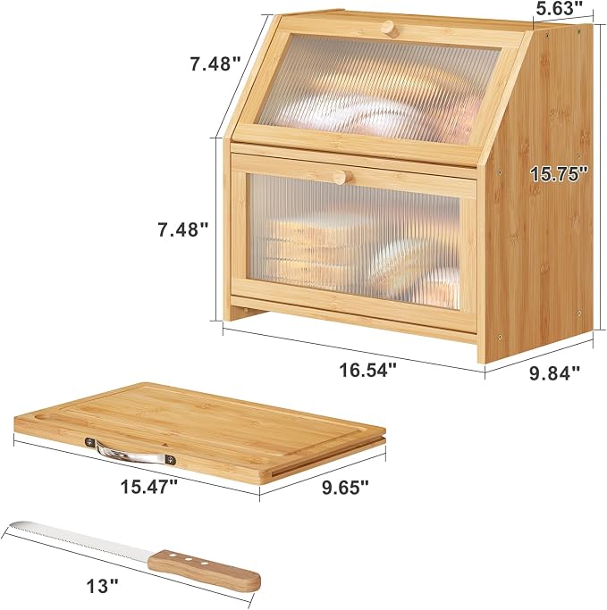 Extra Large Bread Box with Cutting Board Bamboo Wood Bread Box for Kitchen Counter, Double Layer Large Capacity Bread Storage Bin with Acrylic Wavy Door Panel (Natural)