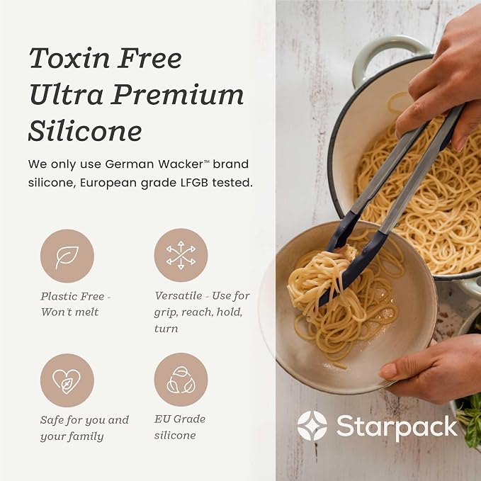 Starpack Get a Grip Silicone Kitchen Tongs (2-Pack, 9" + 12") - LFGB Non Toxic, 600°F Heat Resistant, BPA-Free - Heavy-Duty Stainless Steel, Locking - Dishwasher Safe for Nonstick Cookware