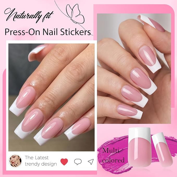 240pc Medium French Tip Press on Nails Square Fake Nails with Glue Tabs | Medium Nails Press ons Square Glue on Nails Pink Acrylic Nails Stick False Nail Artificial Fingernail for Women Girls