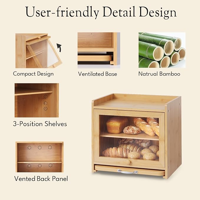 Bamboo Bread Box, Double Layer, Cutting Board, Kitchen, Natural | See-Inside Acrylic, Magnetic Closure, Countertop Bread, Fruit, Tea, Coffee Storage, Rear Vents Stay Fresh, Adjustable Shelf
