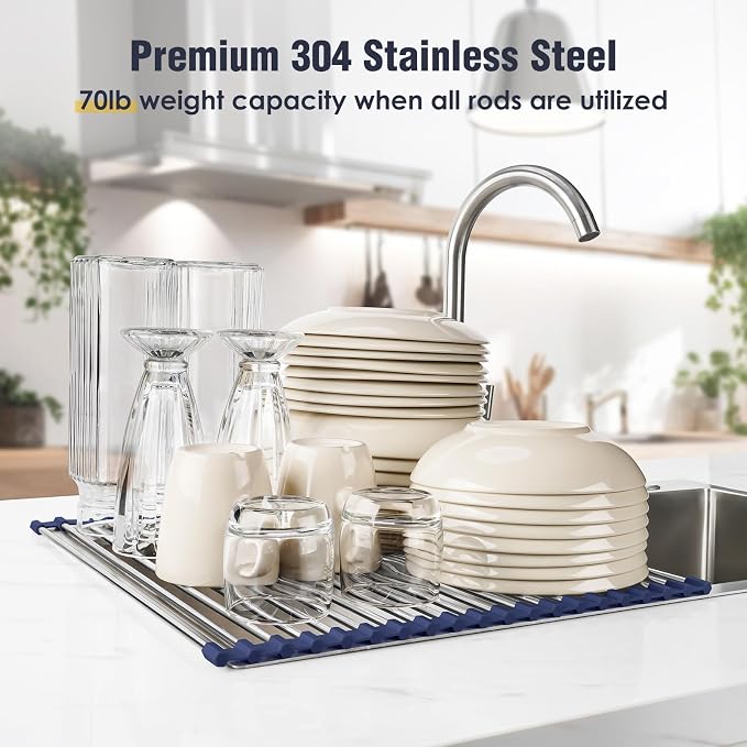 Tomorotec Roll Up Dish Drying Rack Over Sink, 304 Steel, 21x15.5, Indigo | Anti-Slip Silicone Rims For Grip, Heat-Resistant Trivet Mat Holding Heavy Cookware, Rustproof Kitchen Counter Space Saver