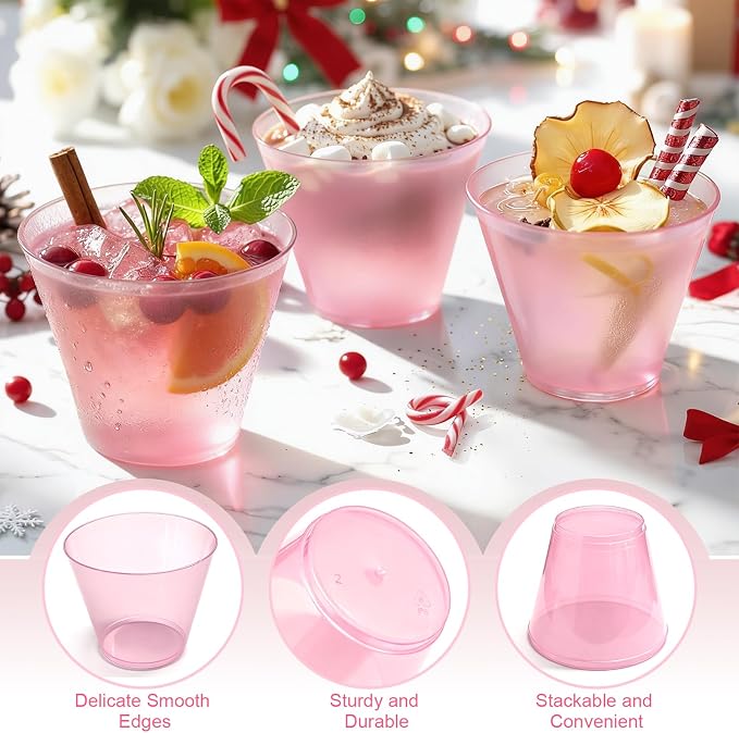 Glowserve 9 OZ Pink Disposable Plastic Cups Cocktail Cup 50 Pack | Fancy Cocktail Cup,Stemless Wine Glass,Wedding Wine Glasses,Graduation Birthday,World Cup,Party Essentials