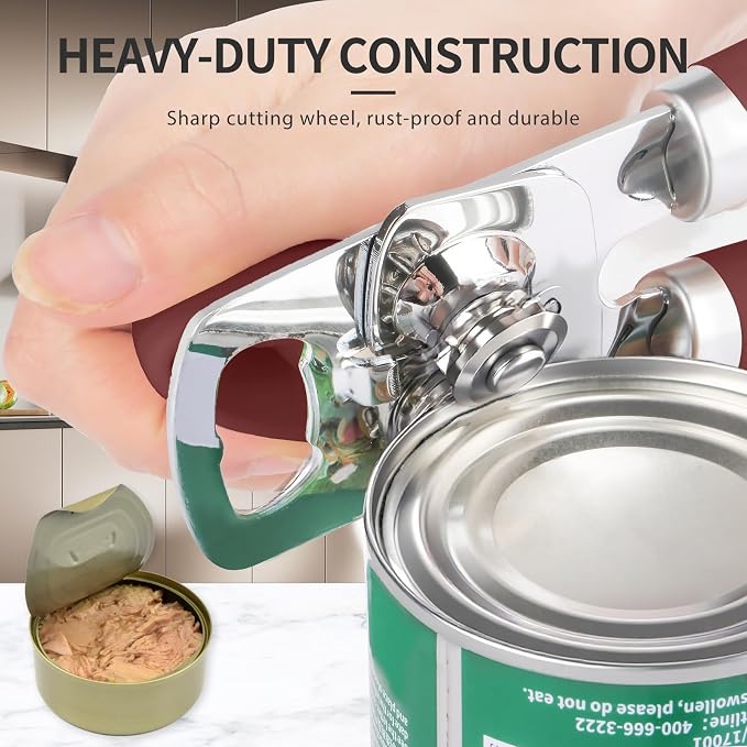 Safring Can Opener Manual, Heavy Duty Stainless Steel Smooth Edge Can Openers With Soft Touch Handle, Oversized Handheld Easy Turn Knob, Multi-Function Bottle Opener, Red
