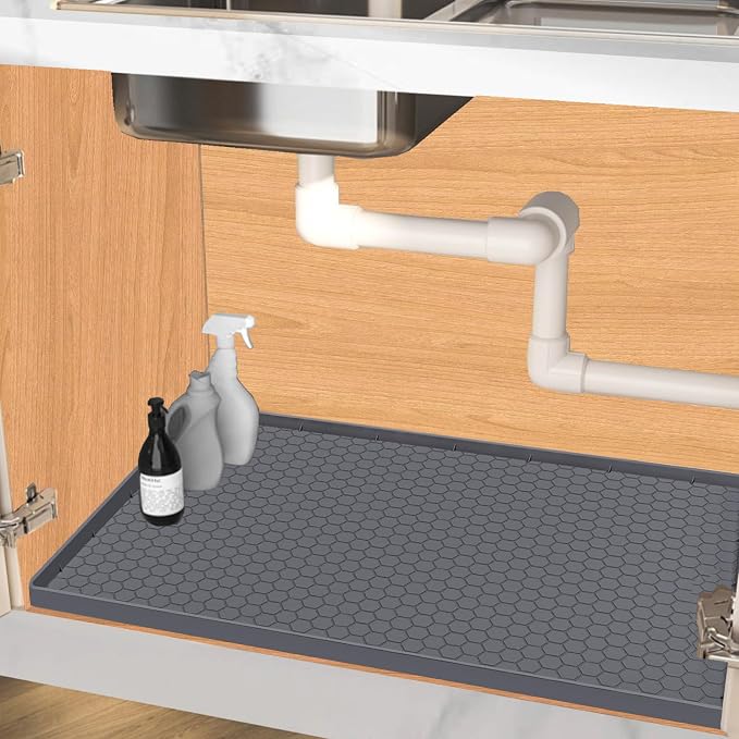 Under Sink Mat 28 x 19 for Kitchen Waterproof, Silicone Under Sink Liner, Bathroom Kitchen Cabinet Protector Mat, Easy to Clean Cabinet Mat Organizers and Storage, Grey