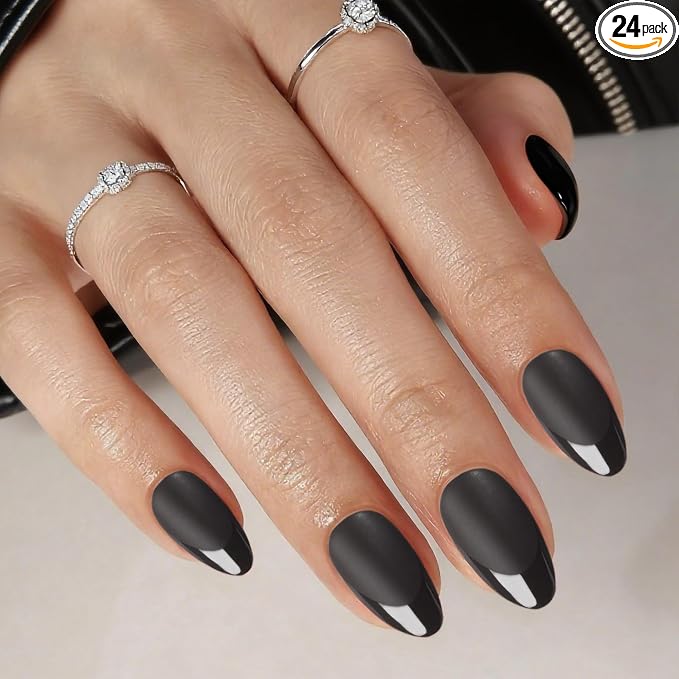 Press On Nails,Black,Short Almond,Glossy French Tips With Matte | Salon-Quality Natural Nails, 10-Minute Easy Daily Application,2+ Weeks Wear, Fast Removal, 16 Sizes, All-in-One Complete Kit