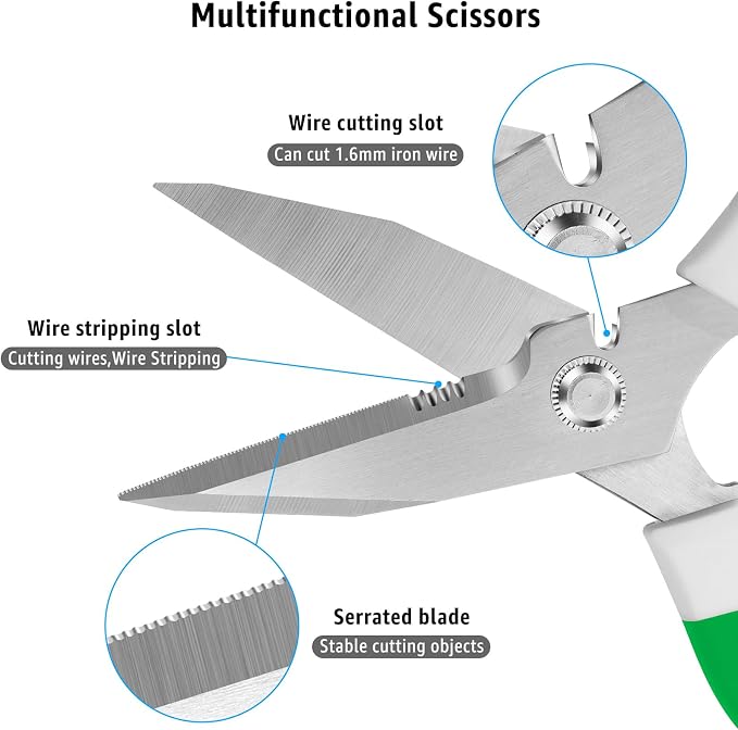 BoFuYuan Utility Scissors All Purpose heavy duty 8-Inch Green | Comfort Grip, Sharp Serrated Blades Cutting Carpet Cardboard Wire Fabric, Multipurpose Shears for Kitchen Garden Office Craft