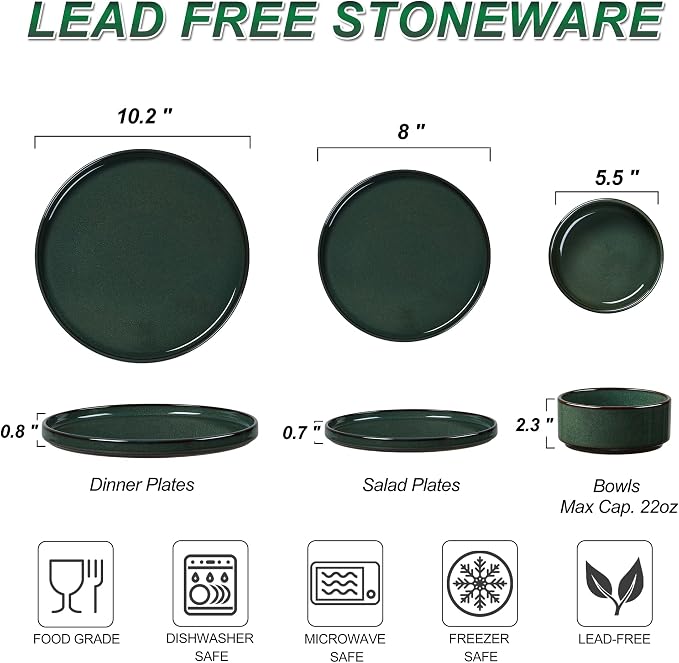 LIANYU Dinnerware Dishes Sets for 8, 24 Piece Plates and Bowls Dishware | Stoneware Modern Tableware Includes Ceramic Dinner Salad Plates, Cereal Bowls, Chip & Scratch Resistant, Hunter Green