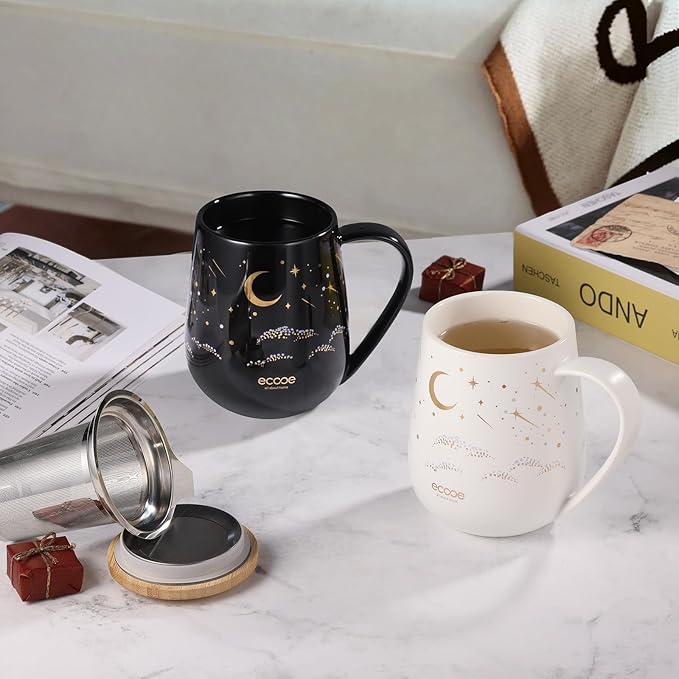 ecooe Tea Infuser Mug 20.3oz Ceramic Tea Cup with Removable Stainless Steel Infuser and Lid, 600ml Tea Mug for Loose Leaf Tea Coffee Milk, Gifts for Women Parents Friends Office Home (Black) | 600ML Large Capacity, with Stainless Steel Infuser/Lid, for...