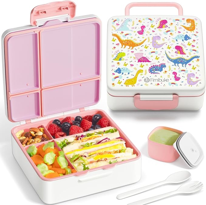 Fimibuke Bento Lunch Box for Kids, Toddler Bento Box with 4 Compartments | Leak Proof BPA Free Dishwasher Safe Lunch Container with Utensils, Ideal Portion Sizes for Ages 3-12 Girls Boys for School