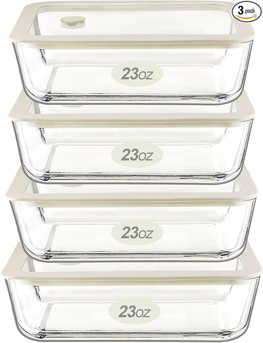 Glass Food Container Set with Glass Lid, 4 Pack, Food Storage Containers Set, Airtight, LeakProof, 100% Plastic Free, Meal Prep Containers (White Color)