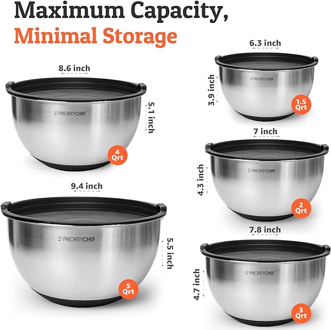 Premium Mixing Bowls With Lids Set, Airtight Lids, Thicker Stainless Steel, Non-Slip Base, 5 Nesting Steel Bowls for Kitchen, Large Prep Metal Bowl Set 1.5/2/3/4/5 Qt, Black