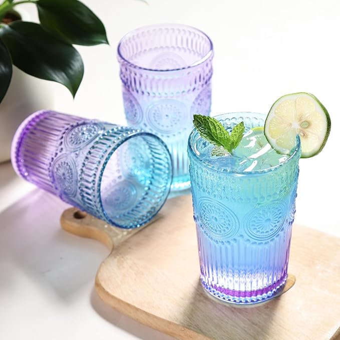 Loivttvv 12pcs Vintage Glassware Drinking Glasses Set, 12oz Highball Glasses & 9oz Embossed Ribbed Glass Cups for Cocktail, Water, Juice, Coffee (Blue & Purple)