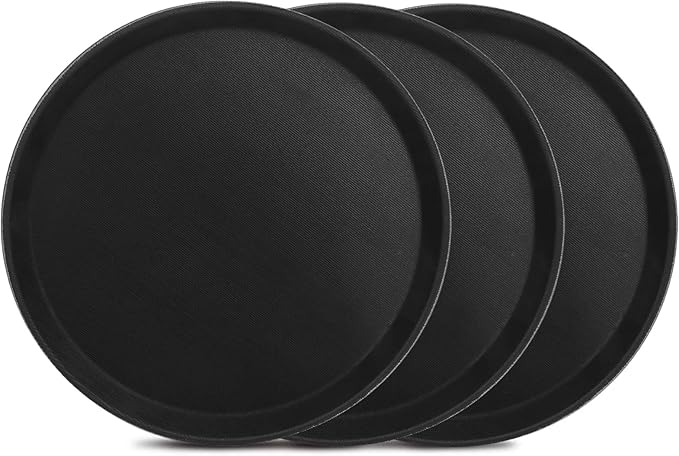 Mwellewm 3 Pcs Round Serving Tray, 11 Inch Non Slip Surface Round Tray Black Server Tray Plastic Food Meals Server with Raised Edges for Home, Kitchen, Restaurant, Cafeteria, Bar, Hotel