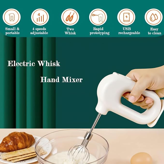Colorful Mini Cordless Hand Mixer, Self-Standing USB Rechargeable Handheld Egg Beater with 4 Speeds & 2 Whisks, Lightweight Portable Electric Whisk for Kitchen Baking and Cooking(White)