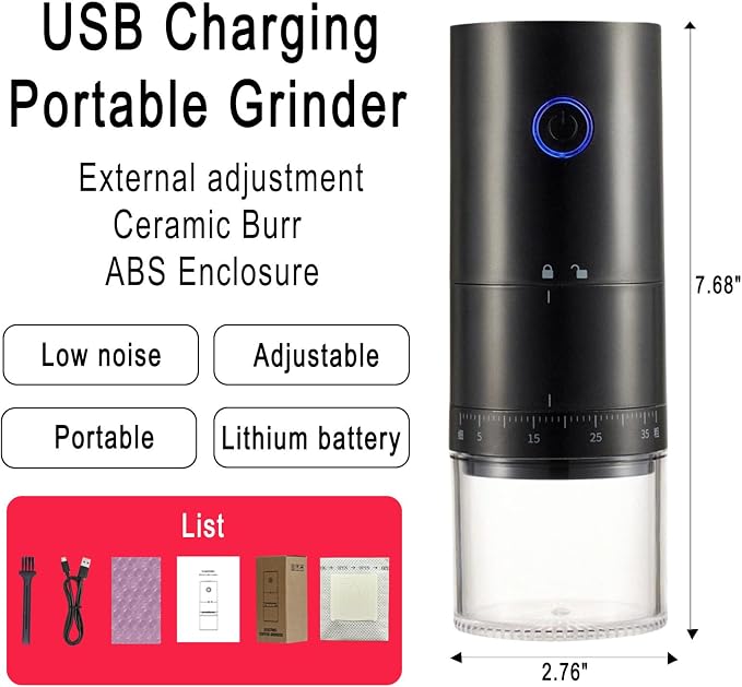 Portable Electric Burr Coffee Grinder, External Adjust, Rechargeable | 10 Drip Coffee Filter